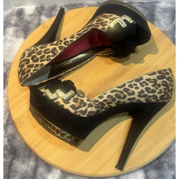 Sam Edelman Circus Leigh Boudoir platform pumps Stilettos leopard Faux Suede Bow - Picture 8 of 9